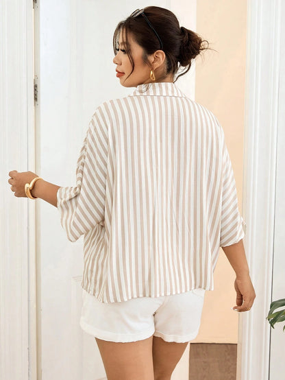 Lounesse Plus Size Women Striped Half Sleeve ShirtShorts Sets Apricot White Autumn 70s Beach Vacation Eleganza Holiday Vacation Outfits Curve