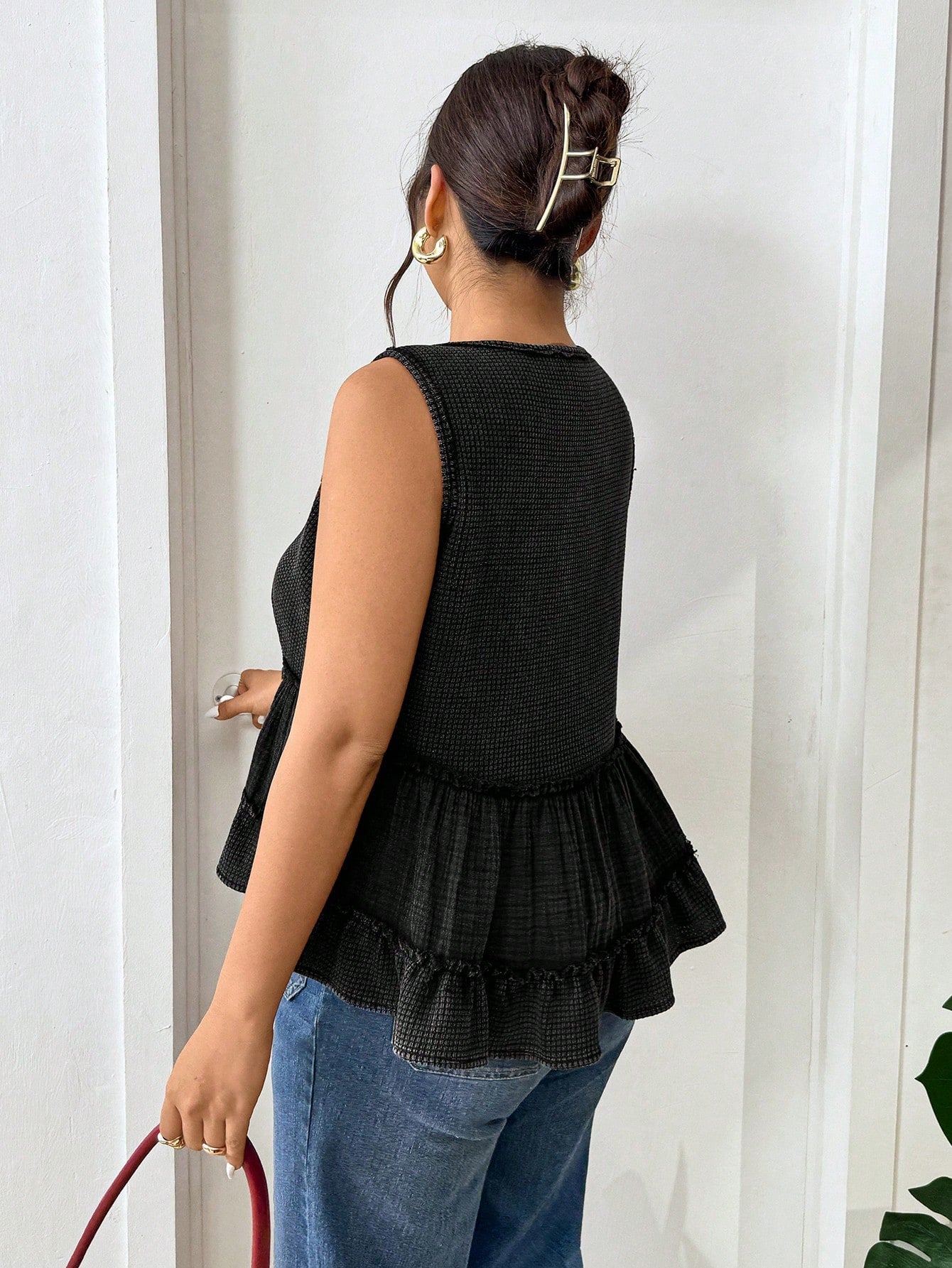 Lounesse Plus Size Women V-Neck Patchwork Design Black Camisole Tank Top, Casual & Commuting Wear