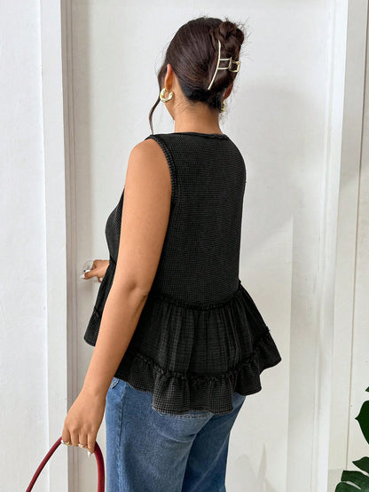 Lounesse Plus Size Women V-Neck Patchwork Design Black Camisole Tank Top, Casual & Commuting Wear