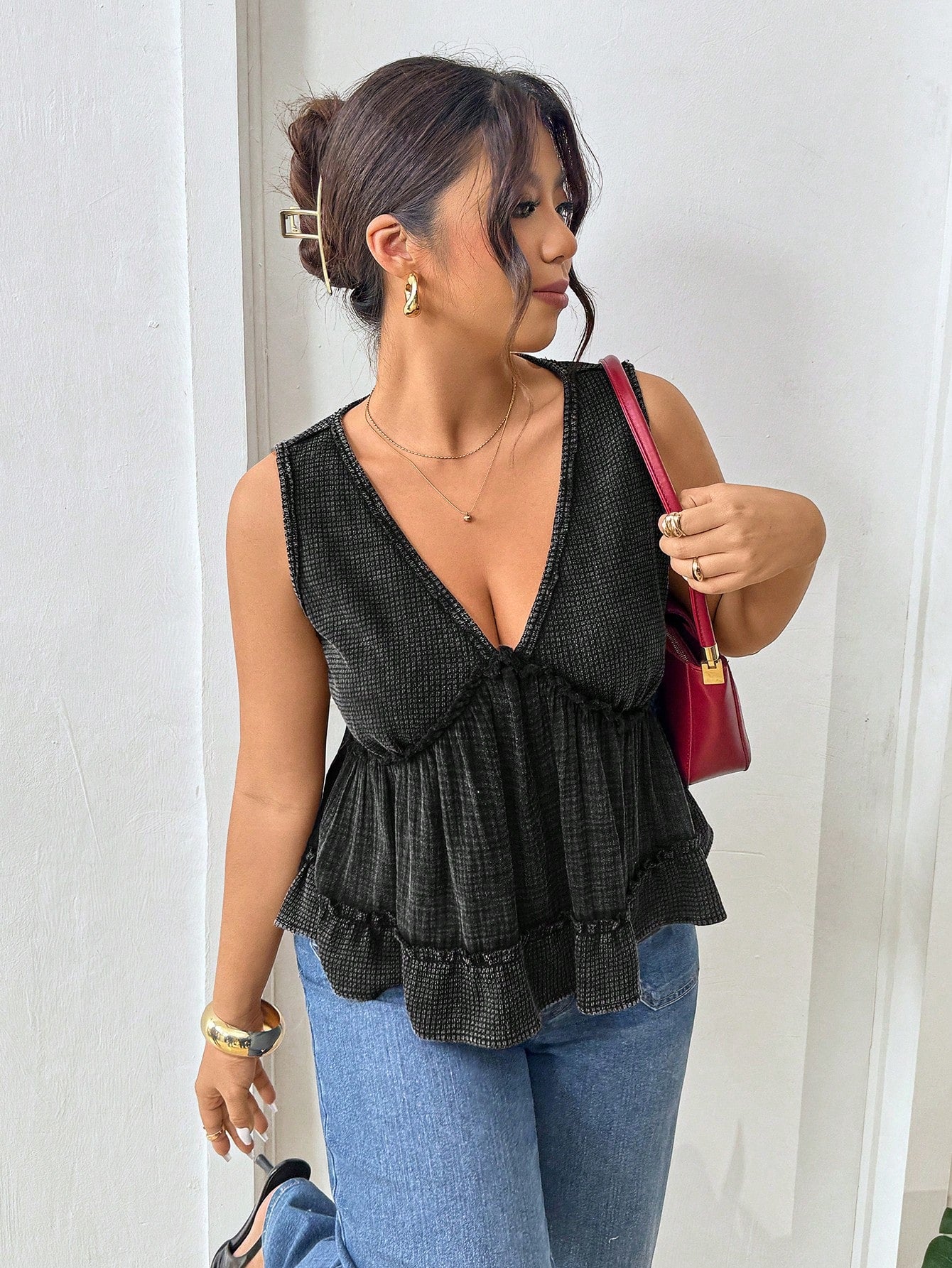 Lounesse Plus Size Women V-Neck Patchwork Design Black Camisole Tank Top, Casual & Commuting Wear