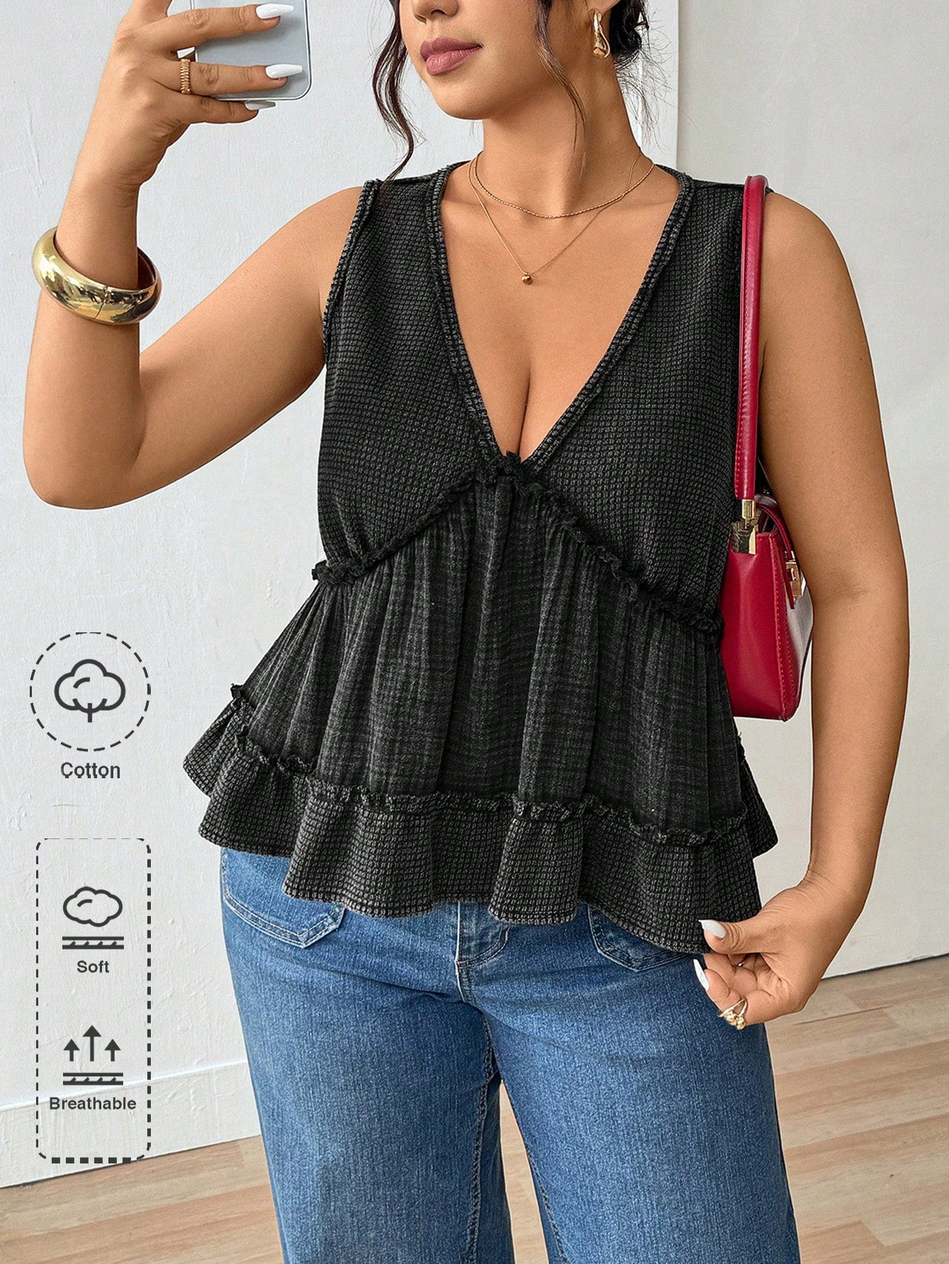 Lounesse Plus Size Women V-Neck Patchwork Design Black Camisole Tank Top, Casual & Commuting Wear