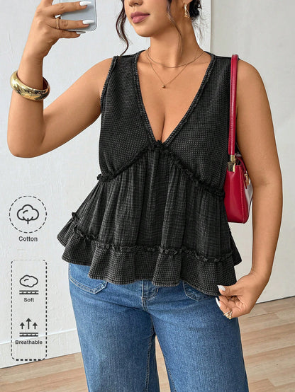 Lounesse Plus Size Women V-Neck Patchwork Design Black Camisole Tank Top, Casual & Commuting Wear