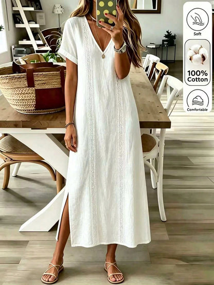 Louniche Women's Pure White Lace Trim Long Casual Bohemian Style Elegant Vacation Dress, Summer Beach Holiday Outfit