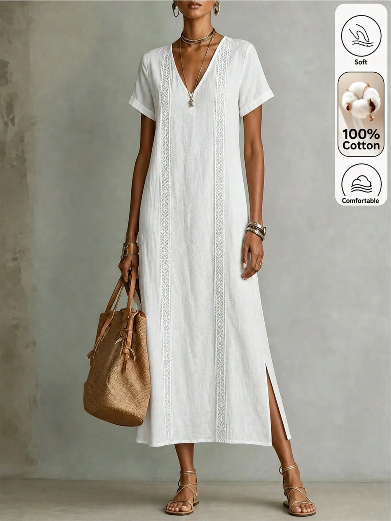 Louniche Women's Pure White Lace Trim Long Casual Bohemian Style Elegant Vacation Dress, Summer Beach Holiday Outfit
