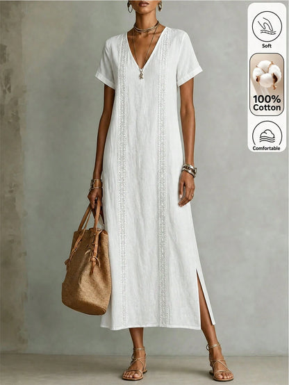 Louniche Women's Pure White Lace Trim Long Casual Bohemian Style Elegant Vacation Dress, Summer Beach Holiday Outfit