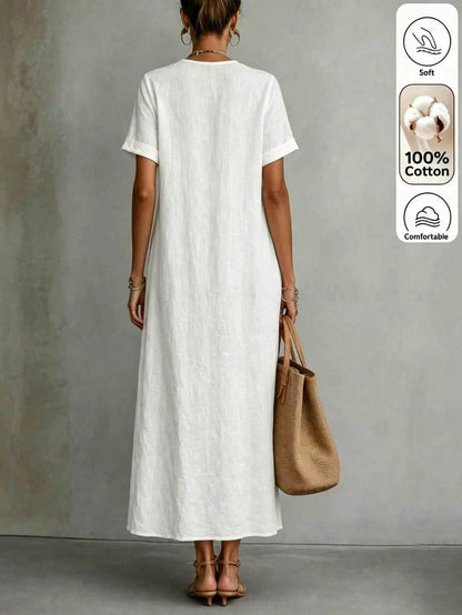 Louniche Women's Pure White Lace Trim Long Casual Bohemian Style Elegant Vacation Dress, Summer Beach Holiday Outfit