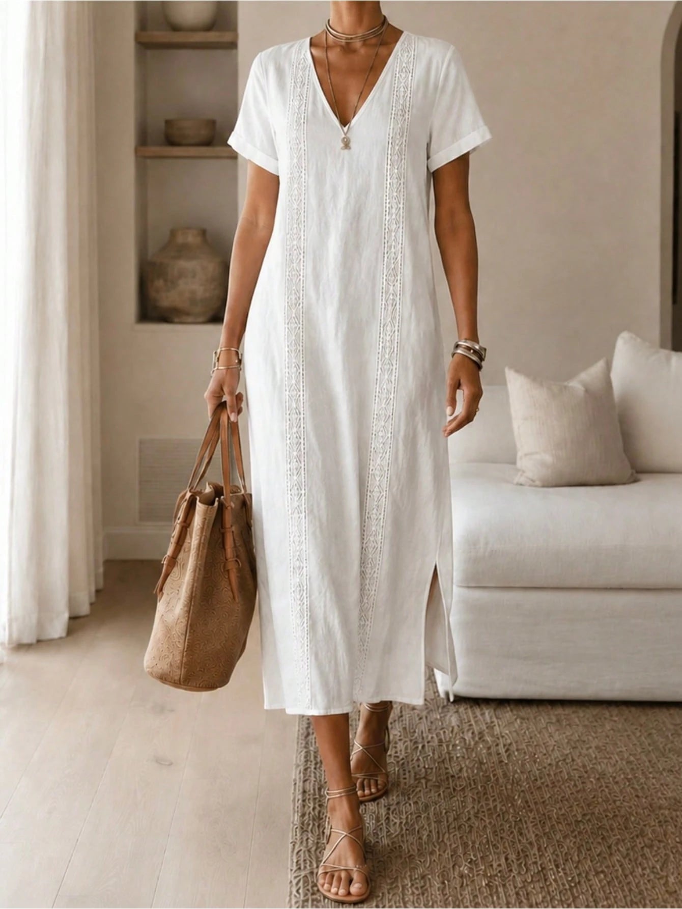 Louniche Women's Pure White Lace Trim Long Casual Bohemian Style Elegant Vacation Dress, Summer Beach Holiday Outfit