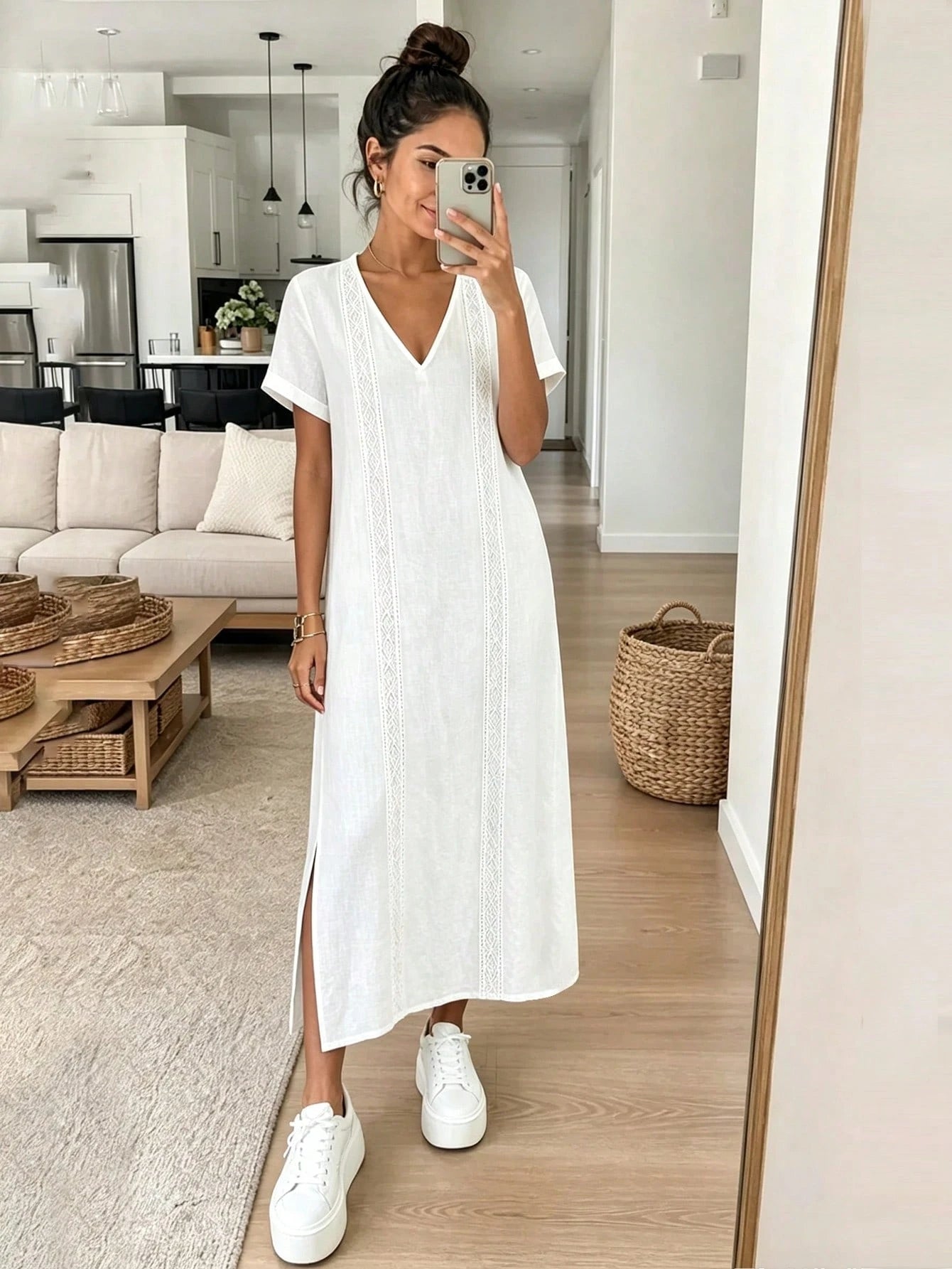 Louniche Women's Pure White Lace Trim Long Casual Bohemian Style Elegant Vacation Dress, Summer Beach Holiday Outfit