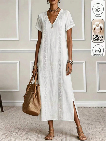 Louniche Women's Pure White Lace Trim Long Casual Bohemian Style Elegant Vacation Dress, Summer Beach Holiday Outfit