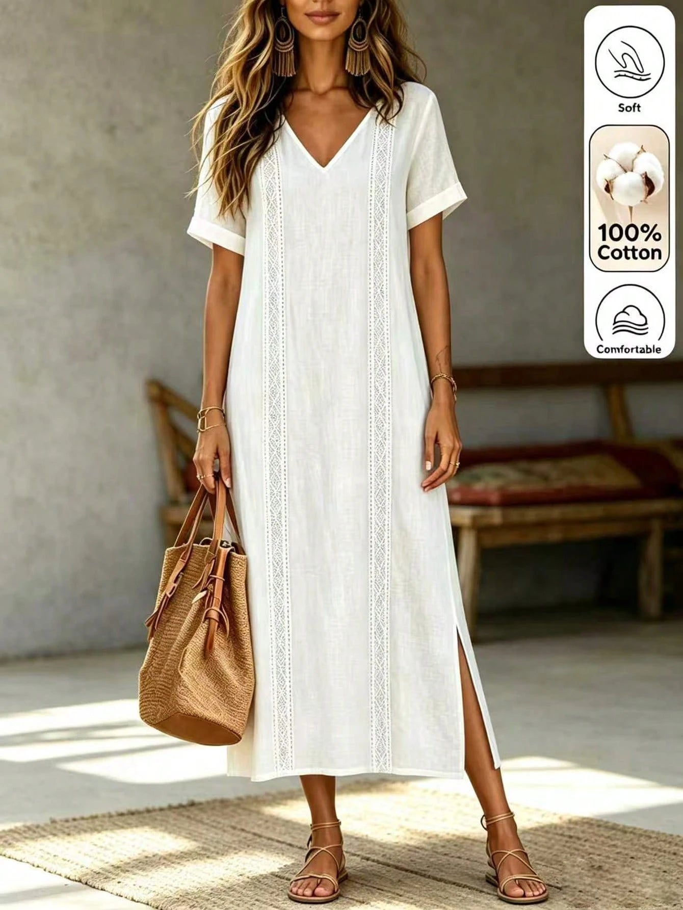 Louniche Women's Pure White Lace Trim Long Casual Bohemian Style Elegant Vacation Dress, Summer Beach Holiday Outfit