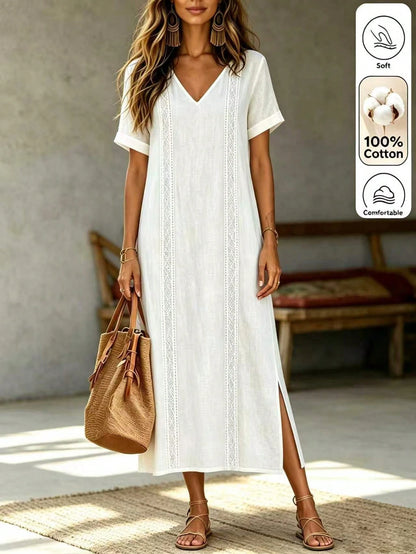 Louniche Women's Pure White Lace Trim Long Casual Bohemian Style Elegant Vacation Dress, Summer Beach Holiday Outfit