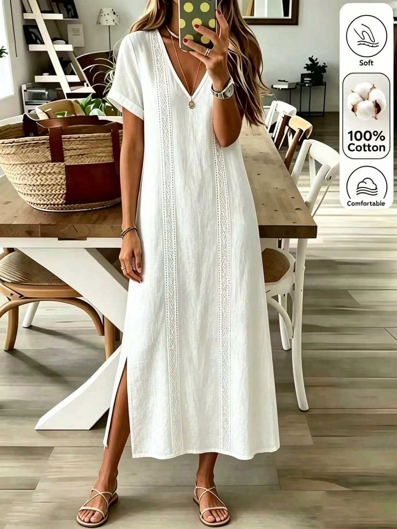 Louniche Women's Pure White Lace Trim Long Casual Bohemian Style Elegant Vacation Dress, Summer Beach Holiday Outfit