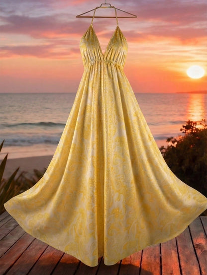 Louniche Women's Summer Vacation Style Printed Open Back Drawstring Dress