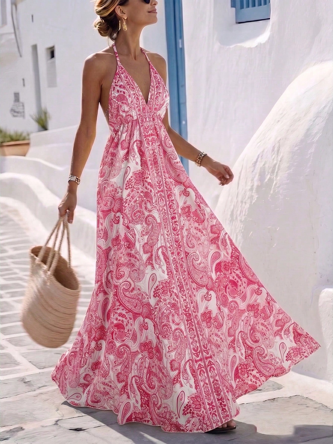 Louniche Women's Summer Vacation Style Printed Open Back Drawstring Dress