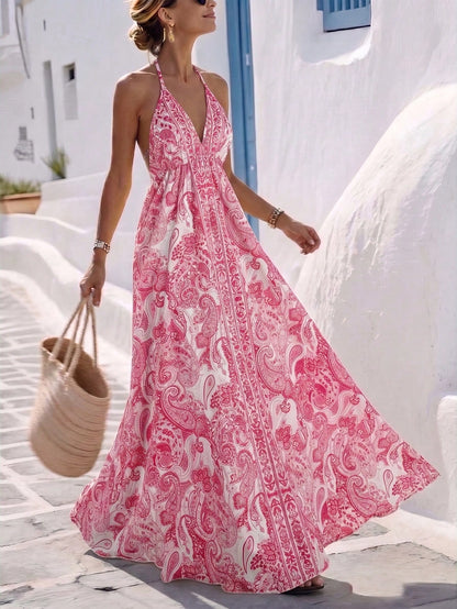 Louniche Women's Summer Vacation Style Printed Open Back Drawstring Dress