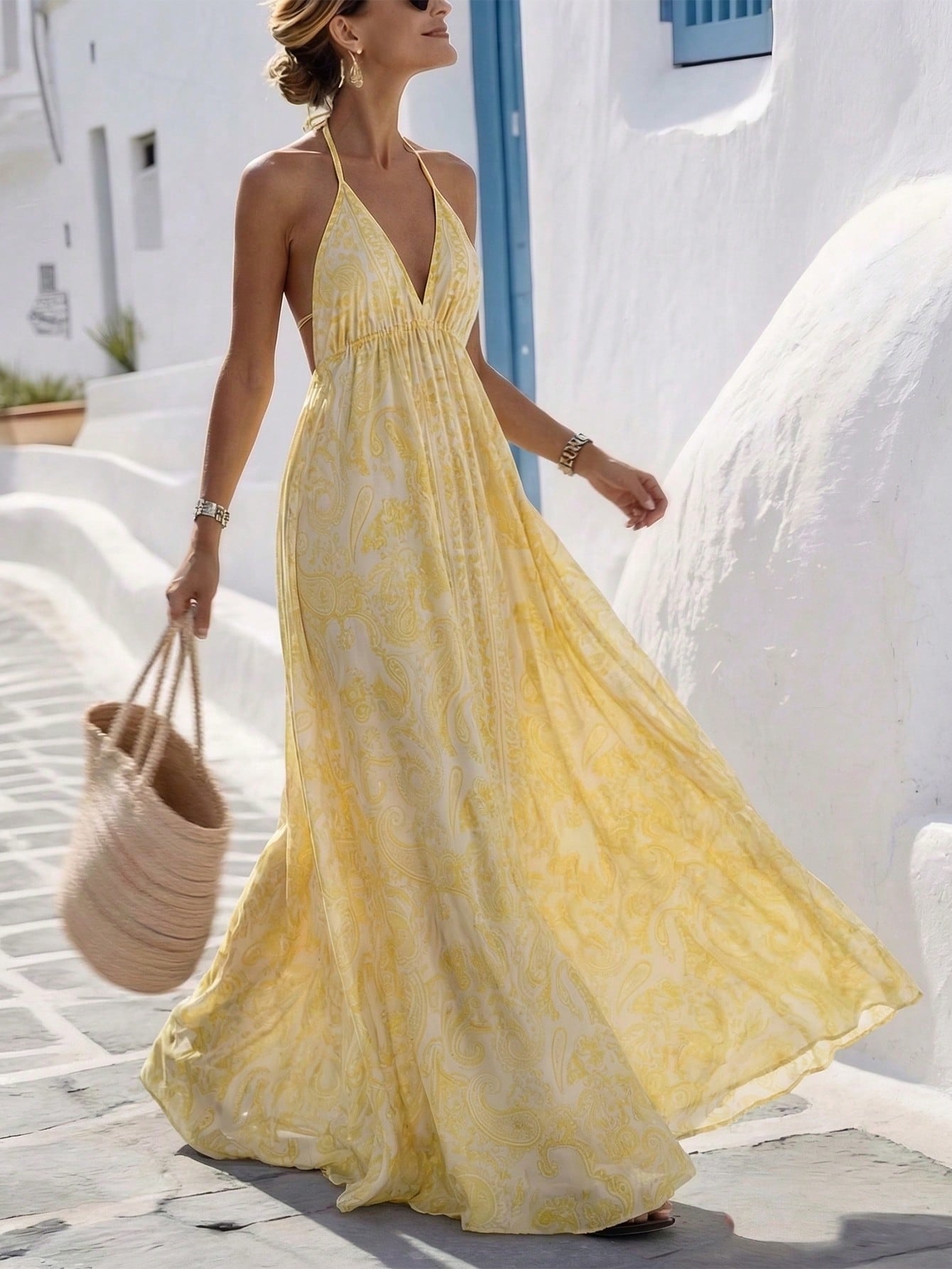 Louniche Women's Summer Vacation Style Printed Open Back Drawstring Dress