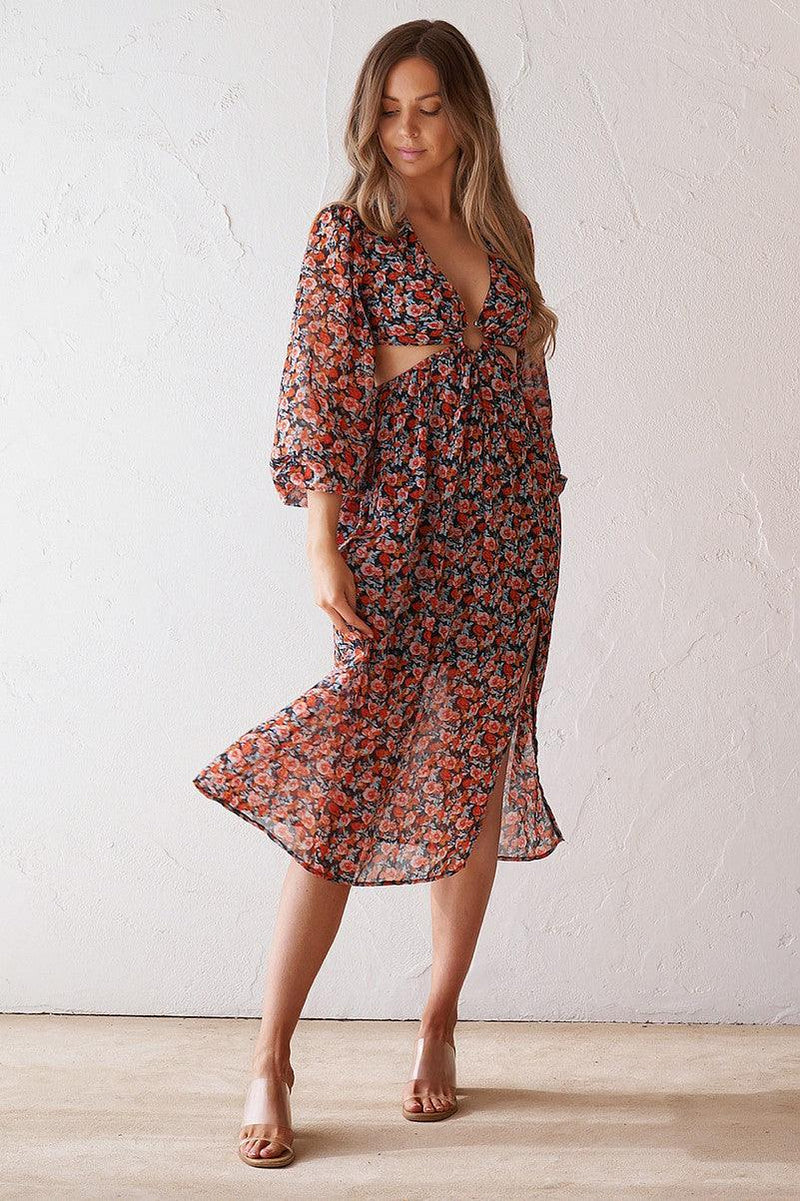 Luciana Midi Dress - Black Floral - JAUS
