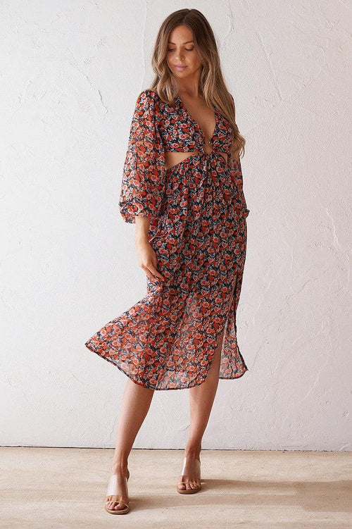 Luciana Midi Dress - Black Floral - JAUS