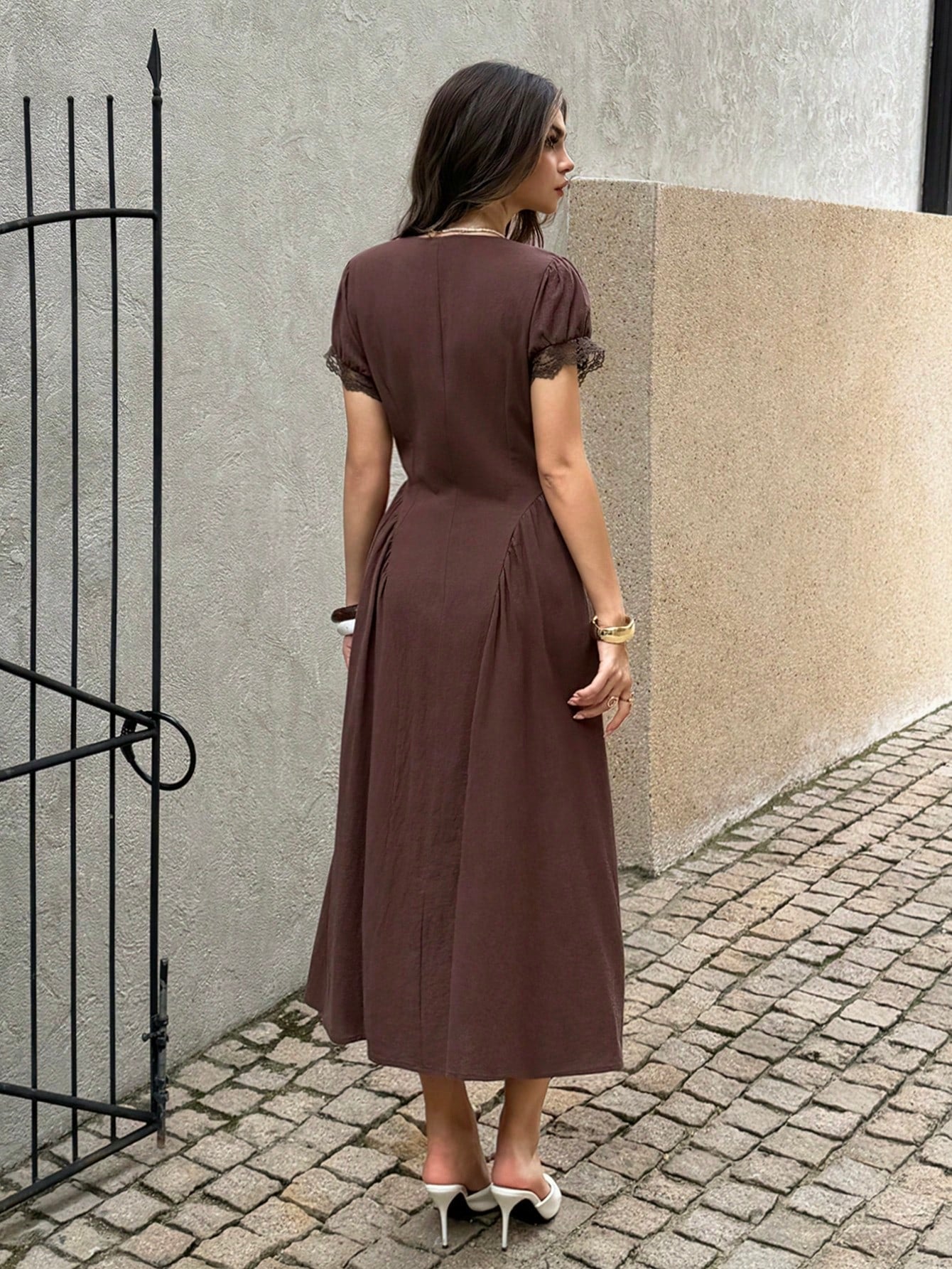 Lucivie Women's Elegant And Casual Retro Brown V Neck Lace Puff Sleeve Dress Women Elegant Loose Button Up Maxi Dress,Summer Dresses For Women,Festival Dress,Elegant Long Party Dress,Wedding Guest Dre