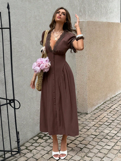 Lucivie Women's Elegant And Casual Retro Brown V Neck Lace Puff Sleeve Dress Women Elegant Loose Button Up Maxi Dress,Summer Dresses For Women,Festival Dress,Elegant Long Party Dress,Wedding Guest Dre