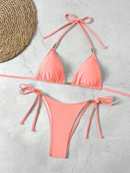 Lucky Girl Summer New Spring/Summer Women's Beach Vacation Black Steel Ball Tie-Up 2 Pieces Swimsuit Set