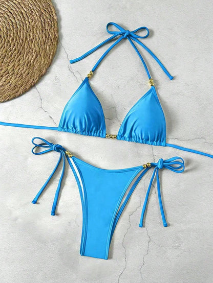 Lucky Girl Summer New Women's Black Beaded Tie Two Pieces Swimwear Set, Beach Holiday Vacation