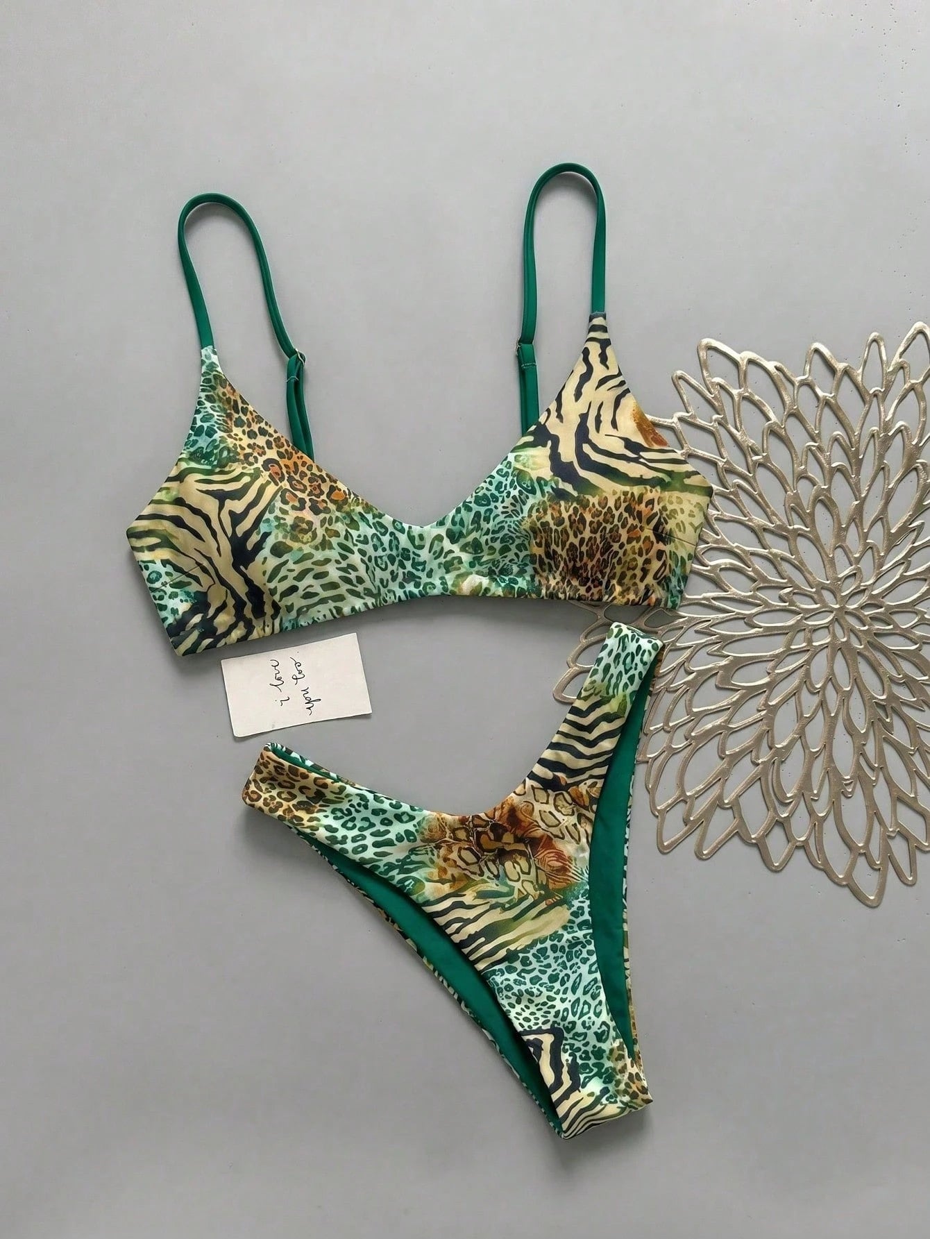 Lucky Girl Women's Leopard Print & Green Color Block Tie Back 2-Piece Bikini Set, Beach Holiday Vacation Summer