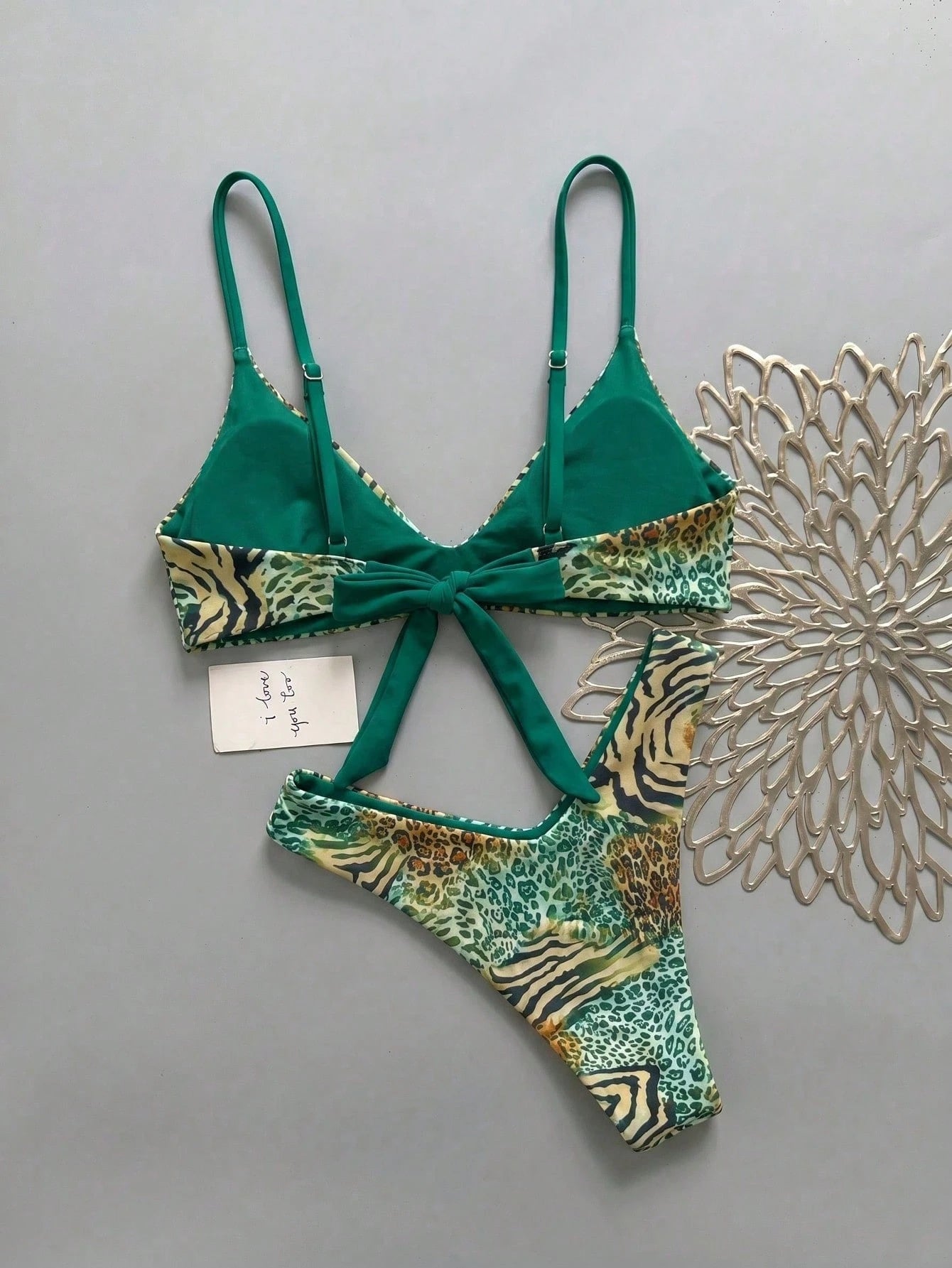 Lucky Girl Women's Leopard Print & Green Color Block Tie Back 2-Piece Bikini Set, Beach Holiday Vacation Summer