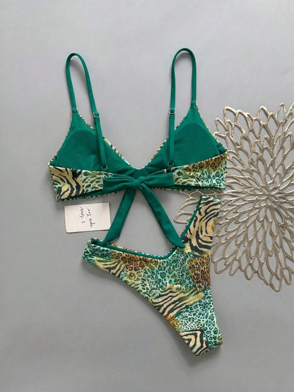 Lucky Girl Women's Leopard Print & Green Color Block Tie Back 2-Piece Bikini Set, Beach Holiday Vacation Summer