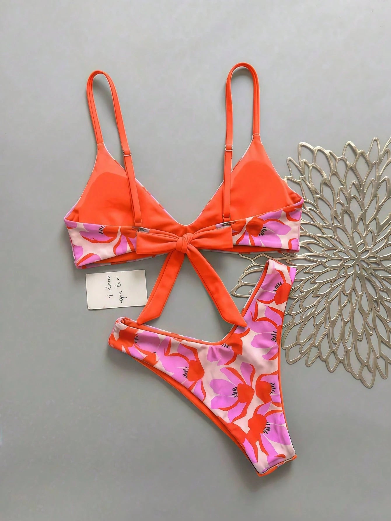 Lucky Girl Women Summer Beach Vacation Pink & Orange Floral Print Tie Back 2-Piece Bikini Set Set