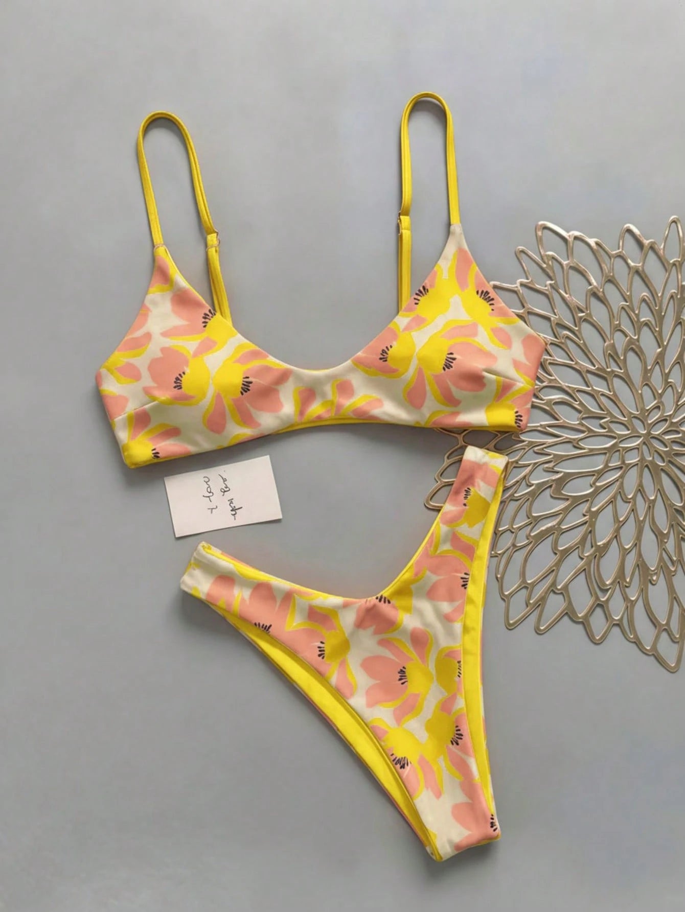Lucky Girl Women Summer Beach Vacation Pink & Orange Floral Print Tie Back 2-Piece Bikini Set Set