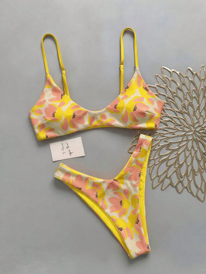 Lucky Girl Women Summer Beach Vacation Pink & Orange Floral Print Tie Back 2-Piece Bikini Set Set