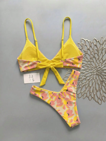 Lucky Girl Women Summer Beach Vacation Pink & Orange Floral Print Tie Back 2-Piece Bikini Set Set