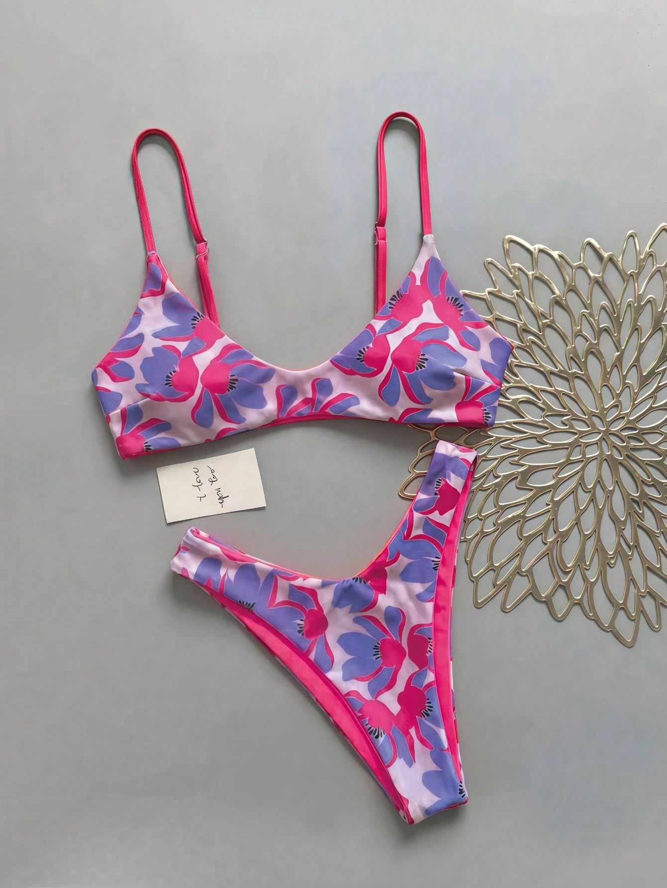 Lucky Girl Women Summer Beach Vacation Pink & Orange Floral Print Tie Back 2-Piece Bikini Set Set