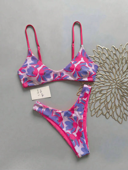 Lucky Girl Women Summer Beach Vacation Pink & Orange Floral Print Tie Back 2-Piece Bikini Set Set