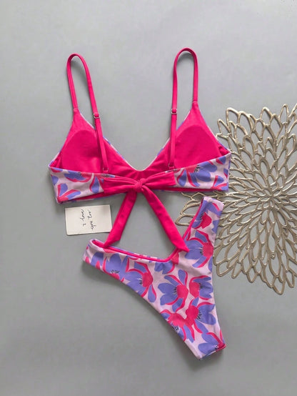 Lucky Girl Women Summer Beach Vacation Pink & Orange Floral Print Tie Back 2-Piece Bikini Set Set