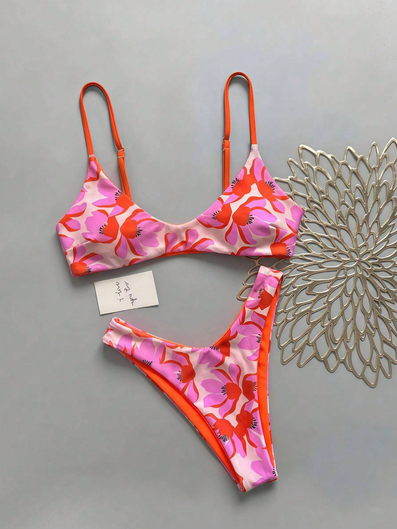 Lucky Girl Women Summer Beach Vacation Pink & Orange Floral Print Tie Back 2-Piece Bikini Set Set
