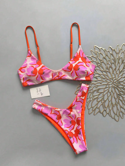 Lucky Girl Women Summer Beach Vacation Pink & Orange Floral Print Tie Back 2-Piece Bikini Set Set