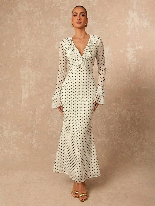 Lumalex Polka Dot Layered Ruffle Hem Long Sleeve Flare Waist Bodycon Dress For Women French Dresses Polkadot Elegant