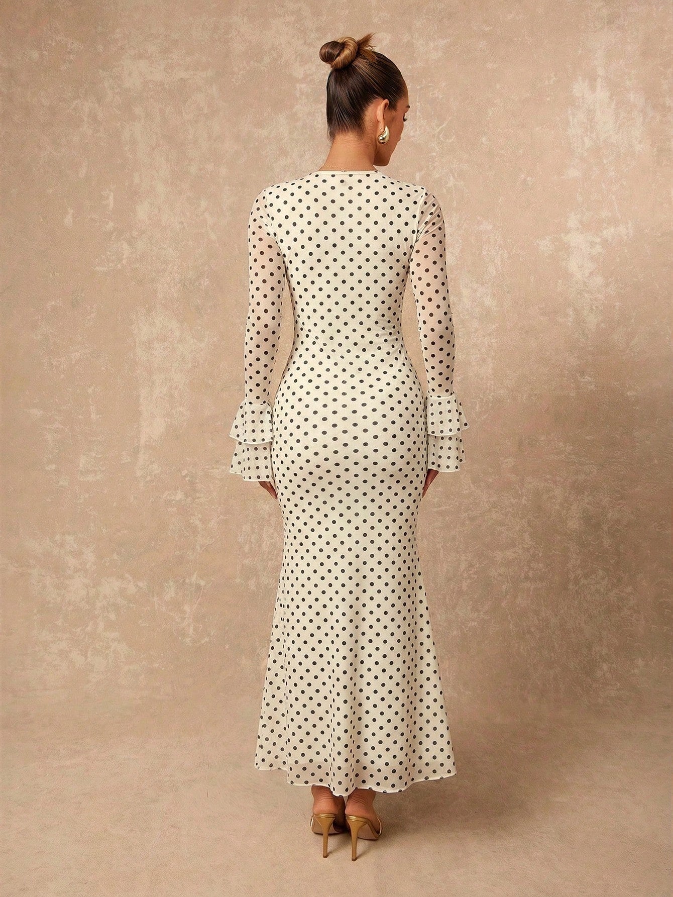 Lumalex Polka Dot Layered Ruffle Hem Long Sleeve Flare Waist Bodycon Dress For Women French Dresses Polkadot Elegant