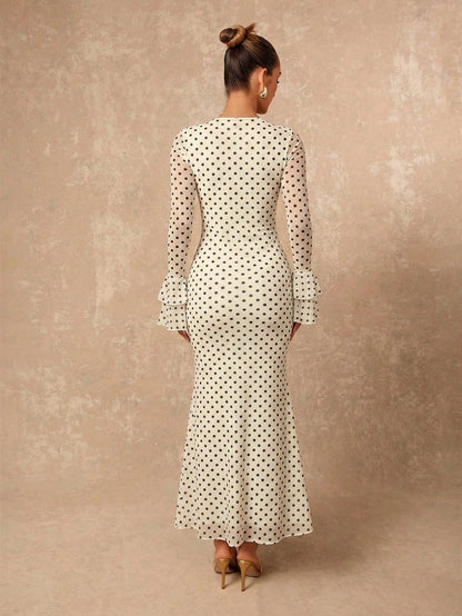 Lumalex Polka Dot Layered Ruffle Hem Long Sleeve Flare Waist Bodycon Dress For Women French Dresses Polkadot Elegant
