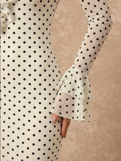 Lumalex Polka Dot Layered Ruffle Hem Long Sleeve Flare Waist Bodycon Dress For Women French Dresses Polkadot Elegant