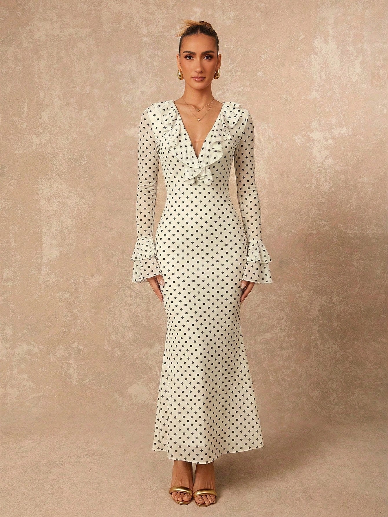 Lumalex Polka Dot Layered Ruffle Hem Long Sleeve Flare Waist Bodycon Dress For Women French Dresses Polkadot Elegant