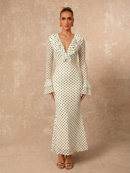 Lumalex Polka Dot Layered Ruffle Hem Long Sleeve Flare Waist Bodycon Dress For Women French Dresses Polkadot Elegant
