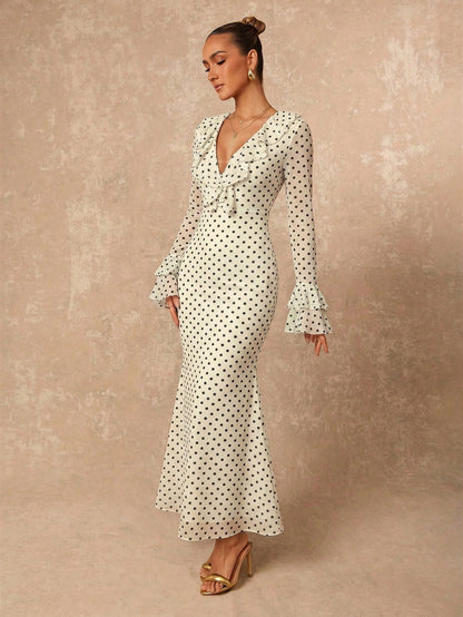 Lumalex Polka Dot Layered Ruffle Hem Long Sleeve Flare Waist Bodycon Dress For Women French Dresses Polkadot Elegant