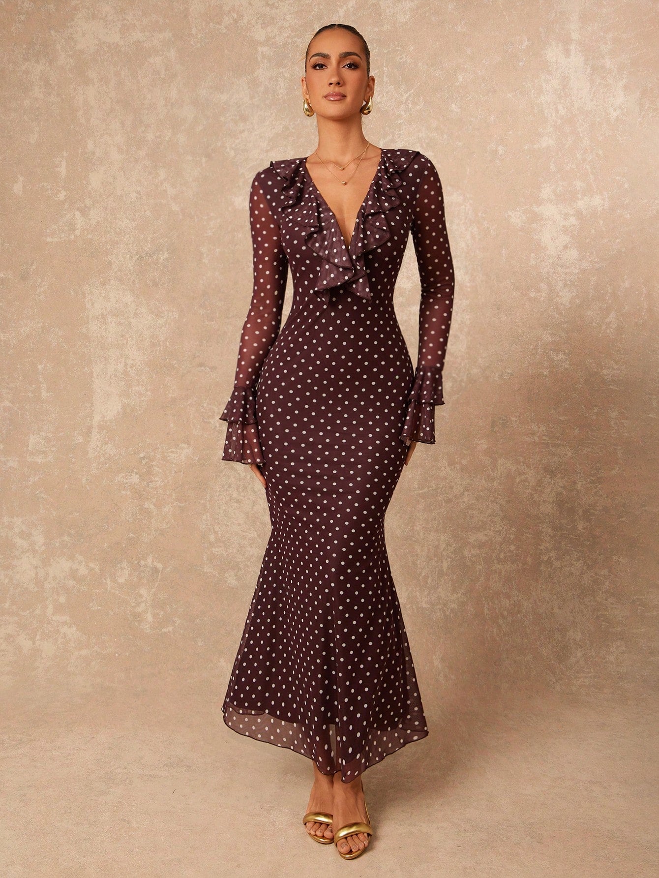 Lumalex Polka Dot Layered Ruffle Hem Long Sleeve Flare Waist Bodycon Dress For Women French Dresses Polkadot Elegant