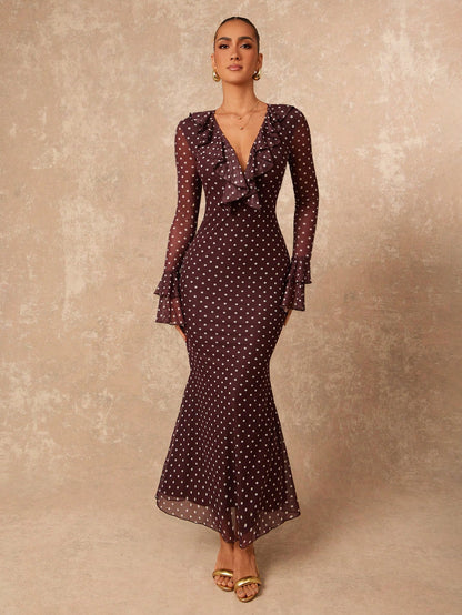 Lumalex Polka Dot Layered Ruffle Hem Long Sleeve Flare Waist Bodycon Dress For Women French Dresses Polkadot Elegant