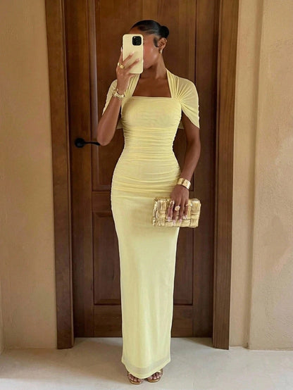 Lumalex Women's Pale Yellow Summer Elegant Day Party Dress,Old Money Ruched Bodycon Wedding Guest Formal Gown,Halterneck Flowy Layered Cocktail Outfits Modest