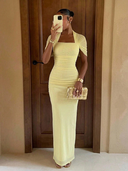 Lumalex Women's Pale Yellow Summer Elegant Day Party Dress,Old Money Ruched Bodycon Wedding Guest Formal Gown,Halterneck Flowy Layered Cocktail Outfits Modest