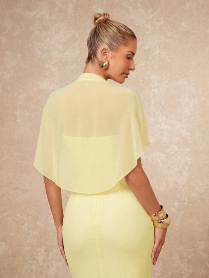 Lumalex Women's Pale Yellow Summer Elegant Day Party Dress,Old Money Ruched Bodycon Wedding Guest Formal Gown,Halterneck Flowy Layered Cocktail Outfits Modest